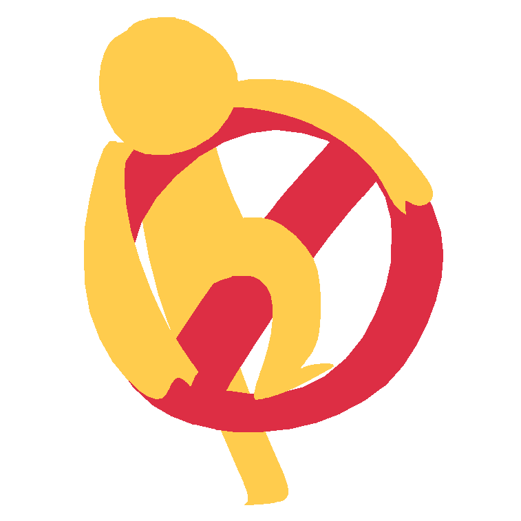 a simplified symbol of an emoji-yellow person climbing through a red not allowed sign, the image has a white outline